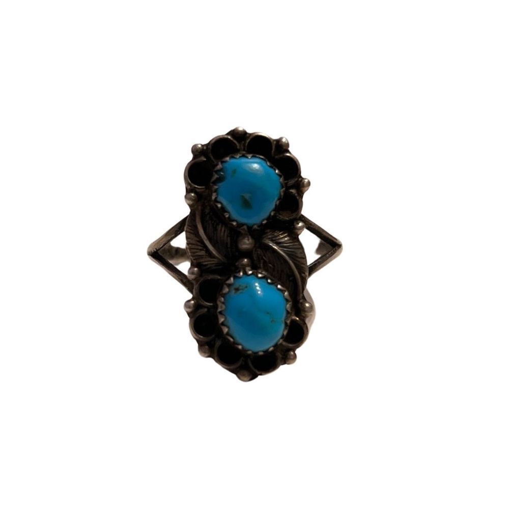 Vintage Navajo Turquoise & Sterling Silver Double Decker Ring - Picture 4 of 14